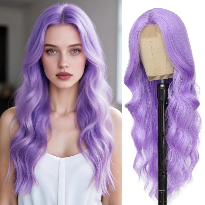 Angzon Long Purple Wavy Wig for Women 26 Inch Light Purple Middle Part Curly Synthetic Hair Wig Natural Look Heat Resistant Fiber for Daily Party Use